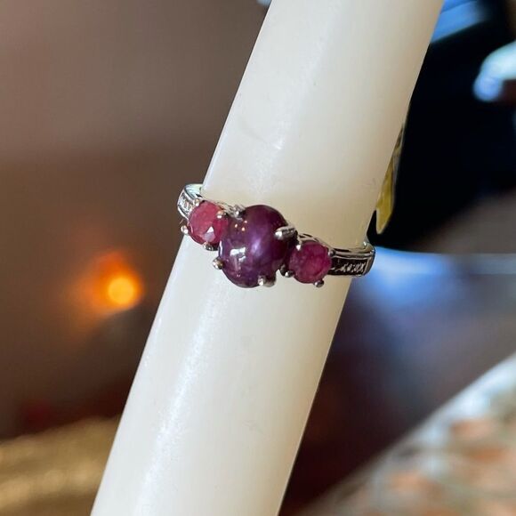 Ruby Ring Three Stone Platinum Sterling Silver Jewelry  Gemstone Birthstone - Picture 6 of 12